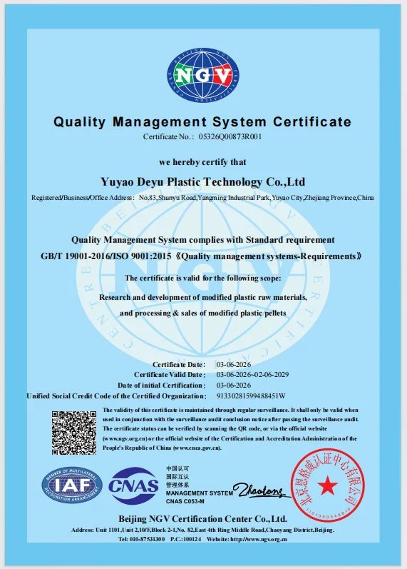Certificado del sistema de gestión de calidad ISO 9001 de DEYU