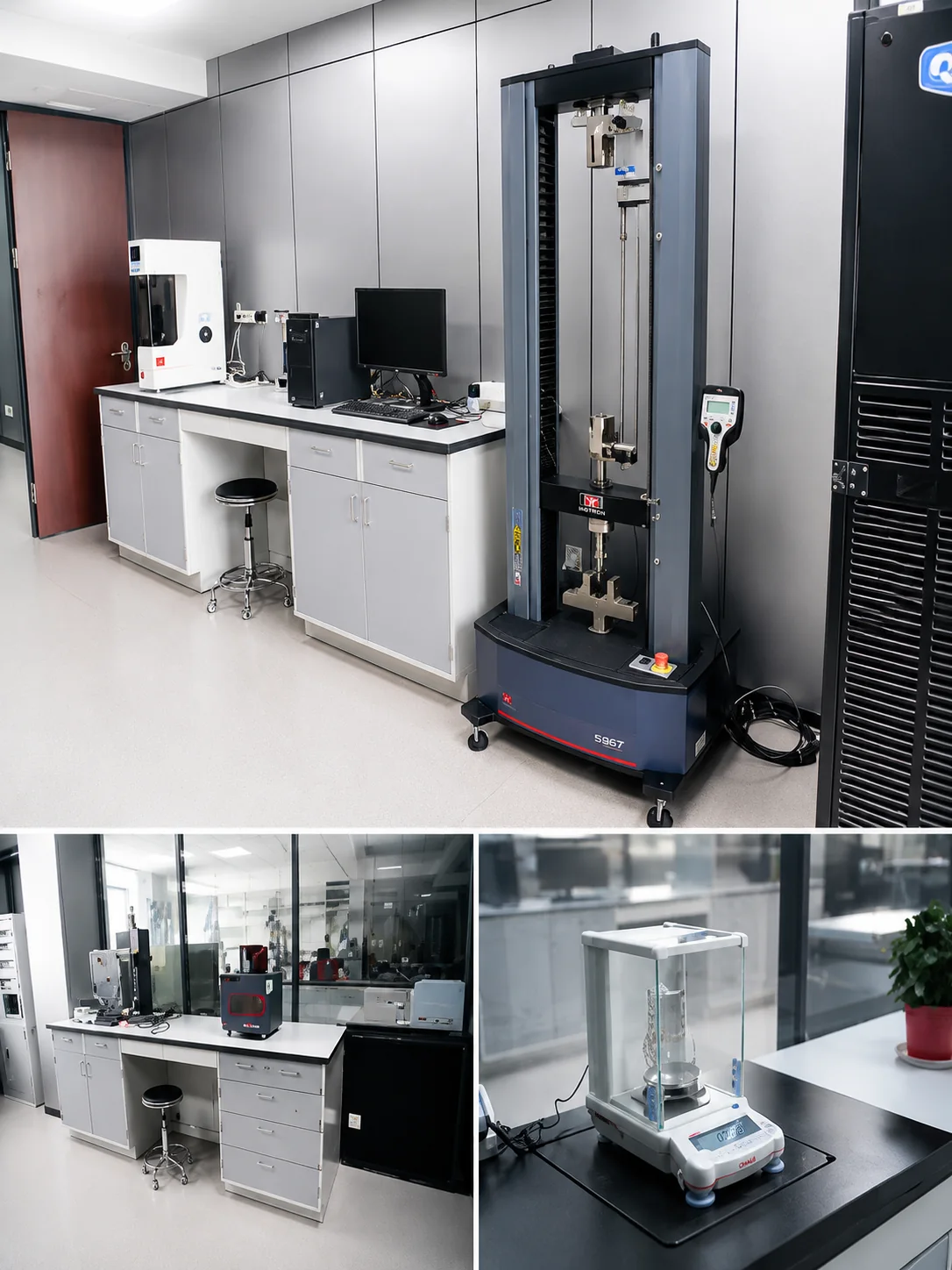 Laboratorio de I+D de DEYU con máquina de tracción y balanza de precisión