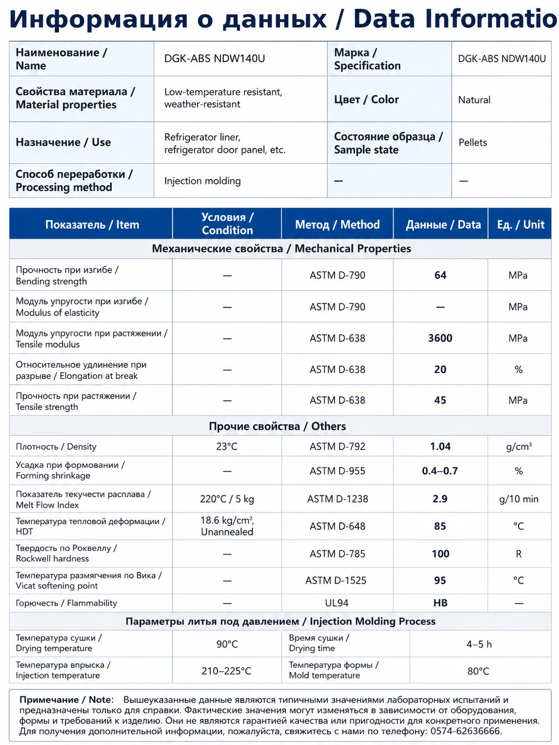 Таблица физических свойств DGK-ABS NDW140U