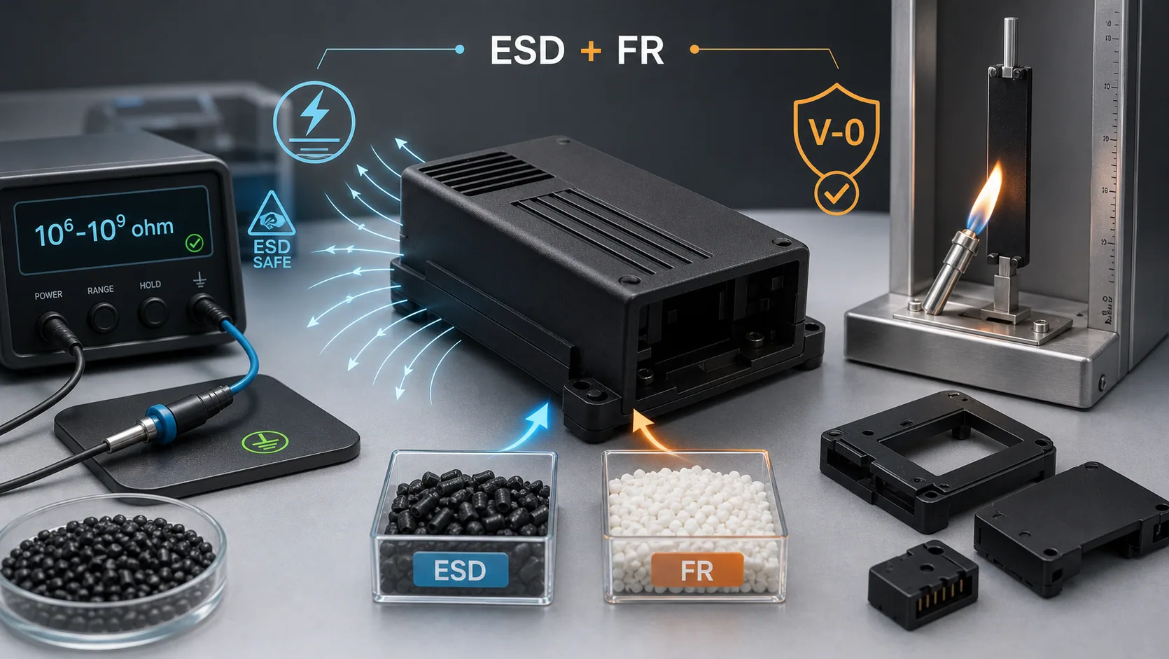 Anti-static flame-retardant plastic development route showing ESD resistance meter, V-0 flame test, conductive pellets and molded electronic housing