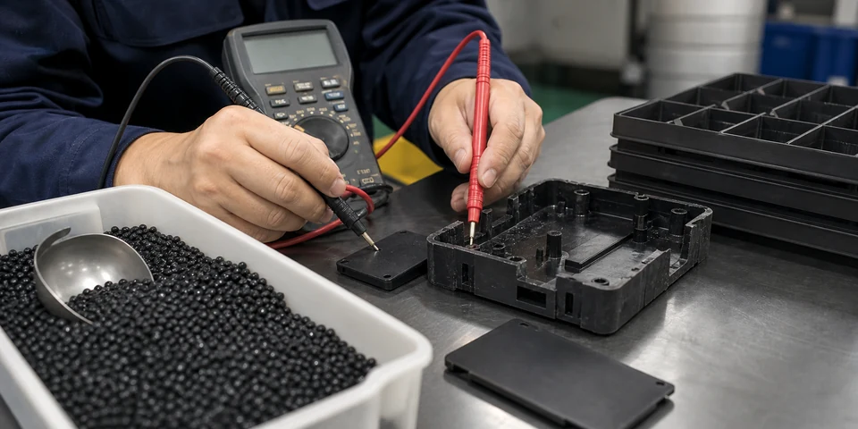 Validación de compuesto conductor de negro de carbono con pellets negros, bandeja ESD moldeada y sondas de medidor de resistencia en una estación de QA de fábrica