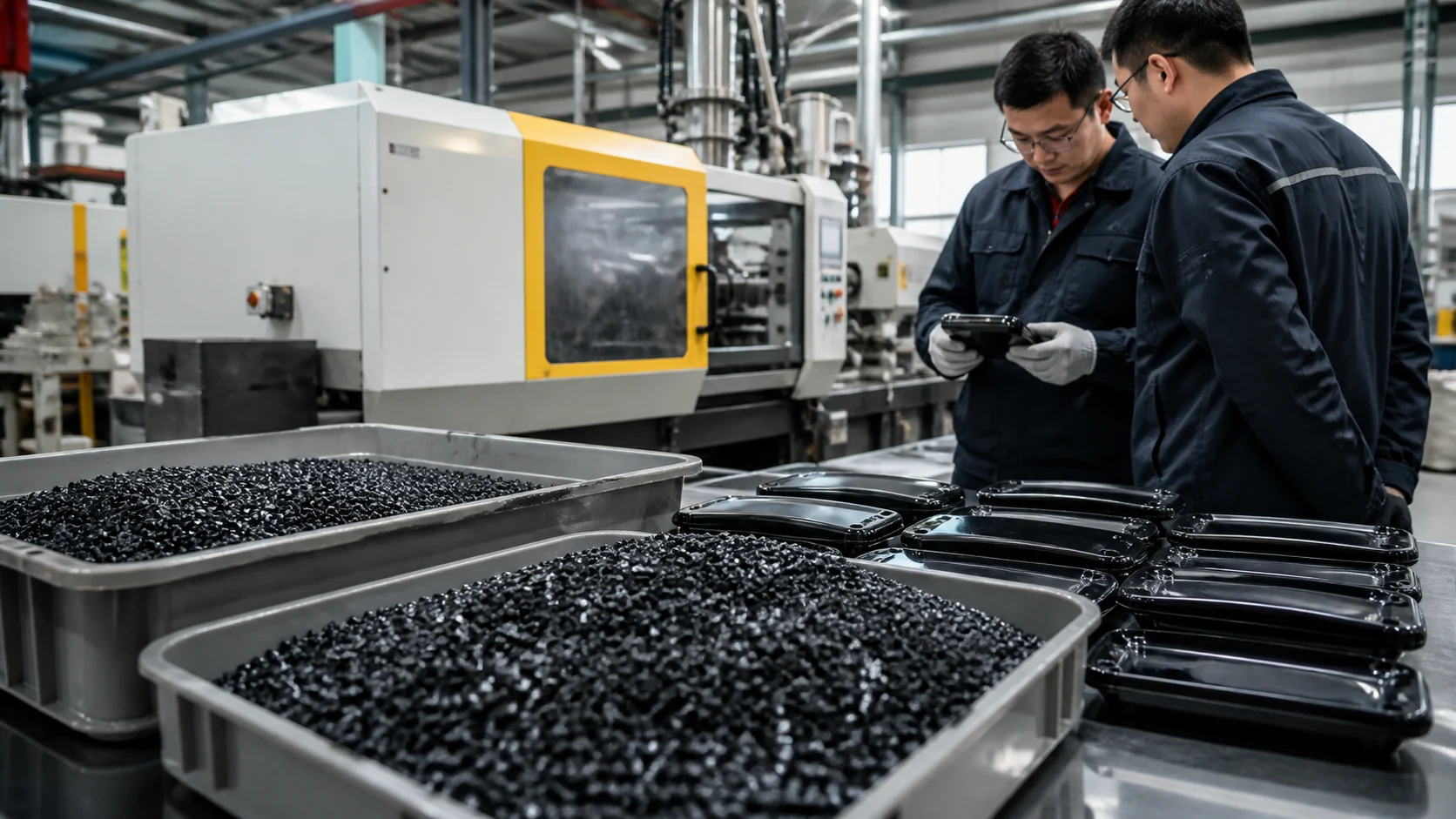 Conductive plastic validation with black pellets and molded tester housings
