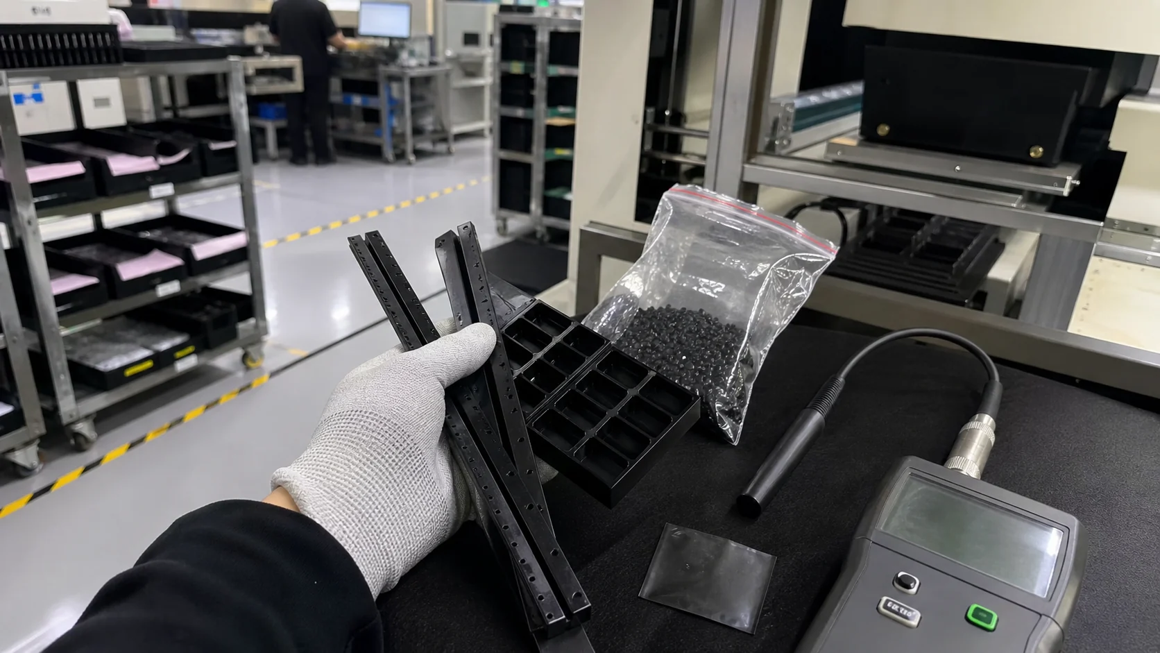 Guías y bandejas de POM conductor modificado con CNT, granza negra y medición ESD en una línea de ensamblaje electrónico