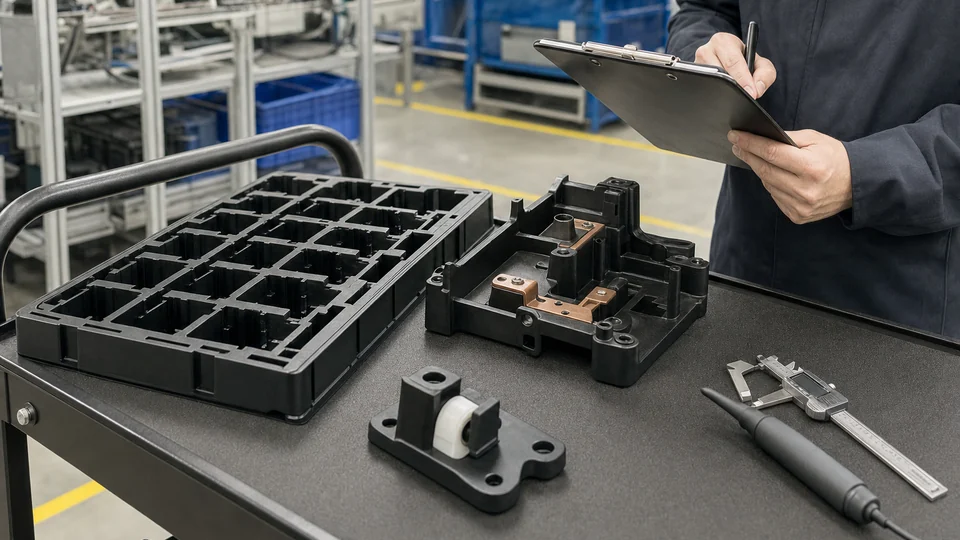Validación de aplicaciones de POM conductor: bandejas, soportes para módulos de batería y casquillos guía en un carro ESD