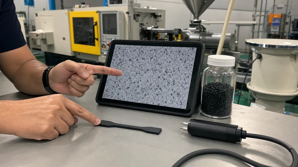 Ingeniero revisando dispersión de CNT y probetas de POM conductor junto a una zona de pruebas de inyección