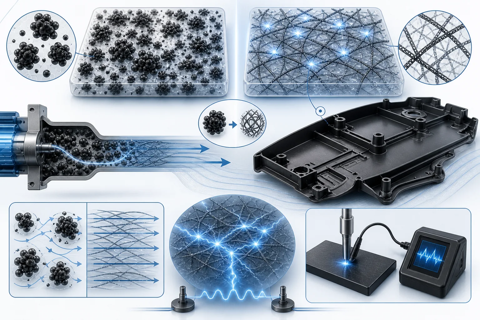 CNT networks help maintain low resistance with lower filler loading than carbon black.