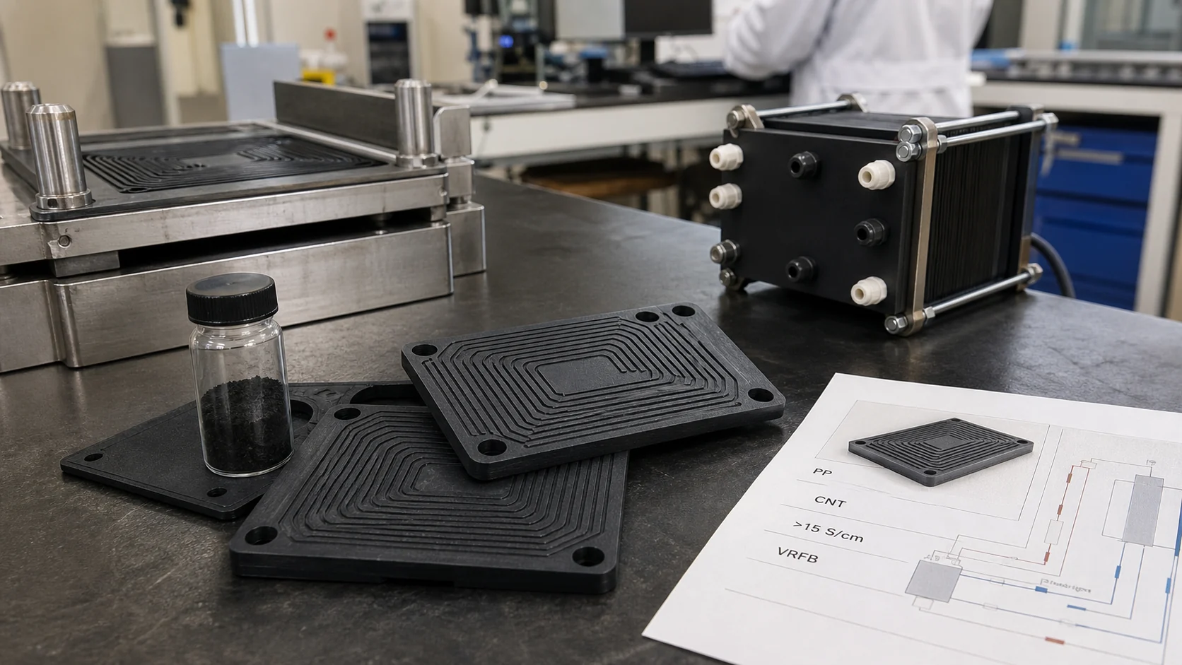 Placas bipolares moldeadas de PP con CNT, molde de compresión y prototipo de batería de flujo en un laboratorio de I+D