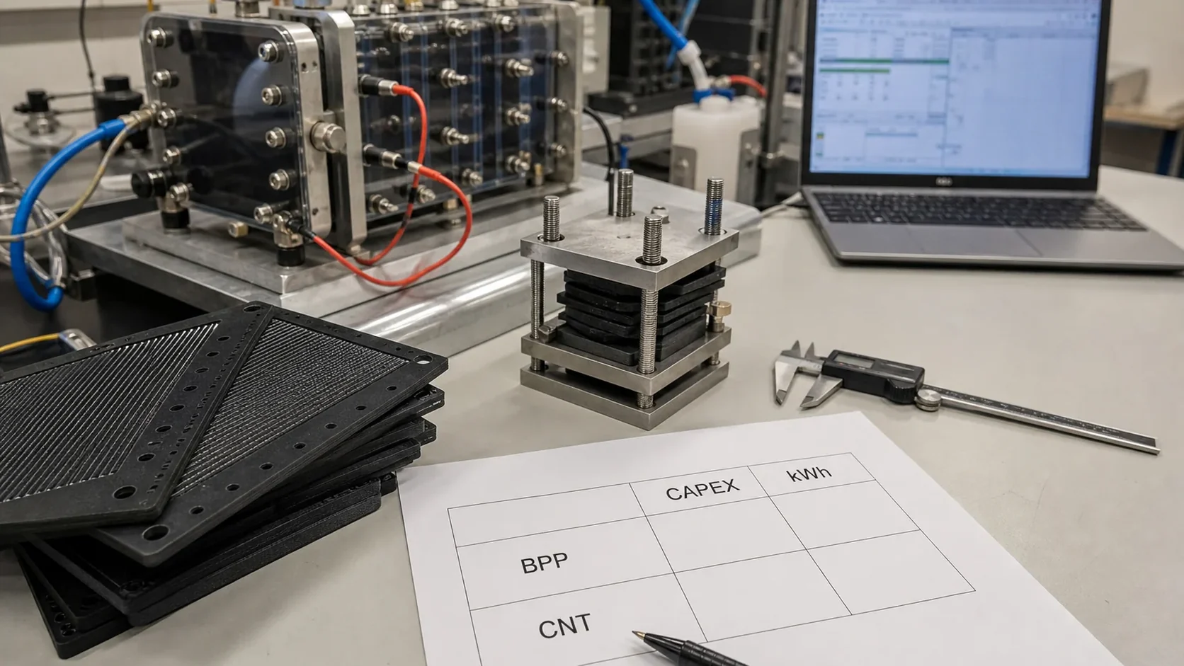 Flow battery test rig and cost-per-kWh worksheet for CNT composite PP bipolar plate evaluation