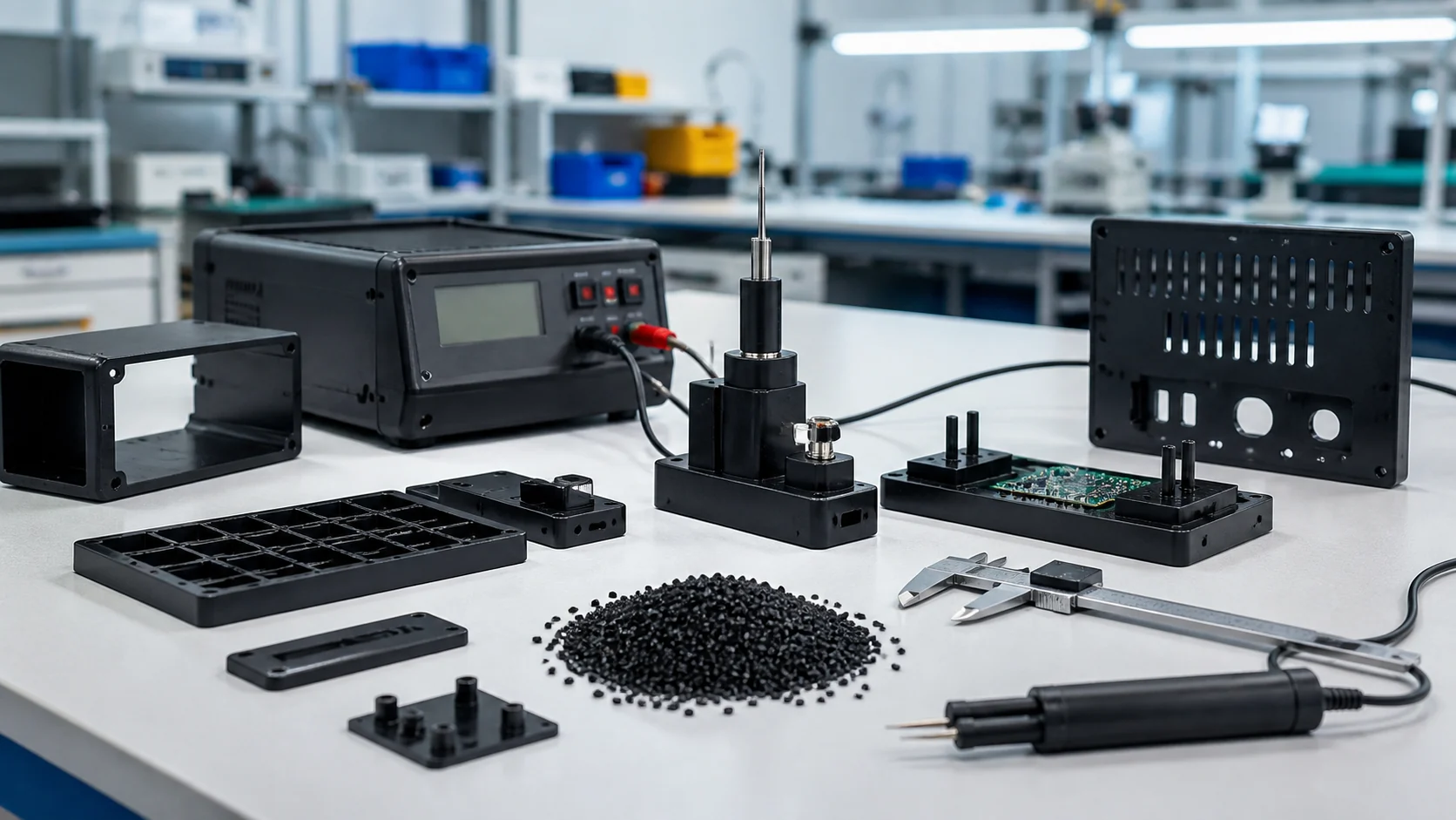 Photorealistic conductive ABS equipment housings and assembly fixtures being checked on an ESD-safe test bench