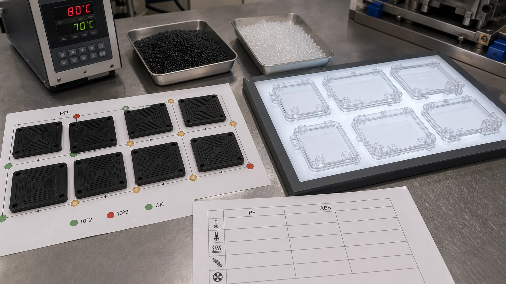 Injection molding process debugging table for conductive PP and transparent antistatic ABS