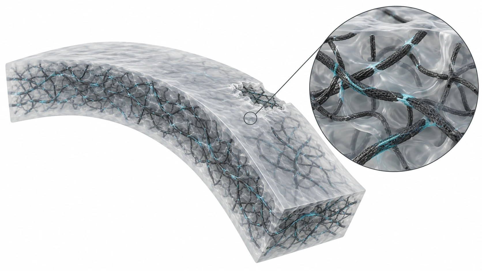Esquema de una red conductora de nanotubos de carbono dentro de PE flexible.