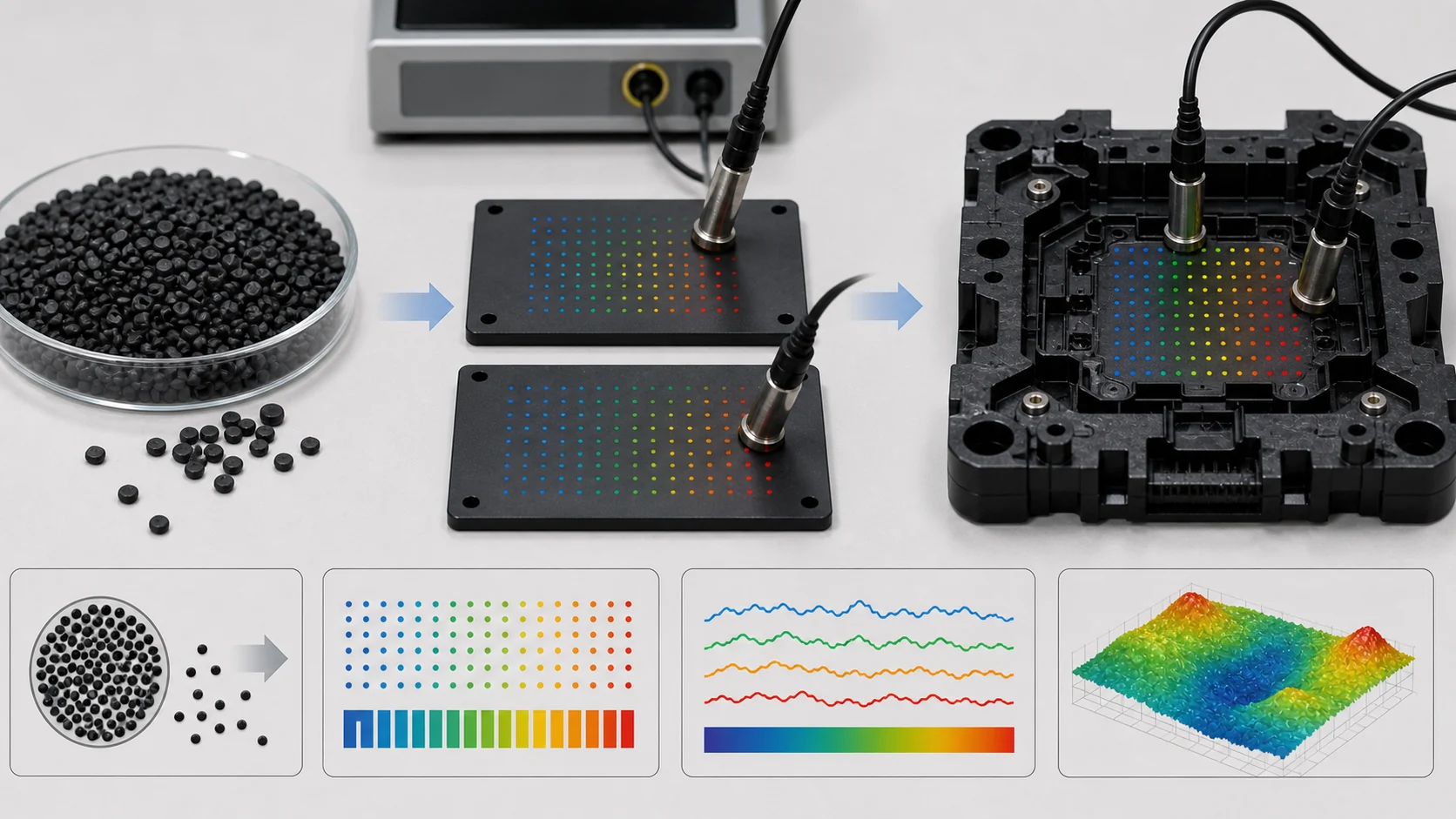 Conductive plastic pellet plaque and real part validation mapping