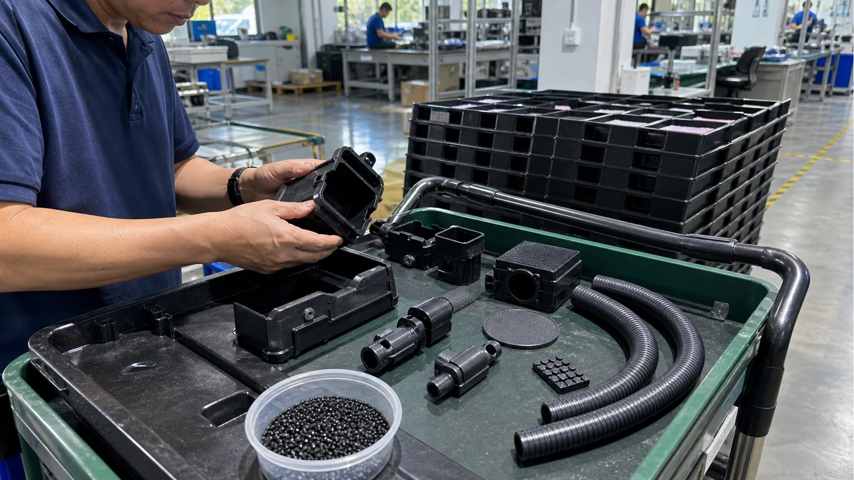 Área real de fábrica ESD con piezas conductoras moldeadas PP, PE, ABS, PA66, POM, TPU y TPR inspeccionadas en un carro de producción