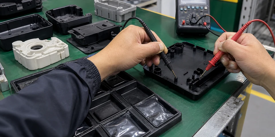 Sonda de medidor de resistencia que prueba piezas moldeadas de plástico conductor y bandejas ESD en un área real de control de calidad industrial