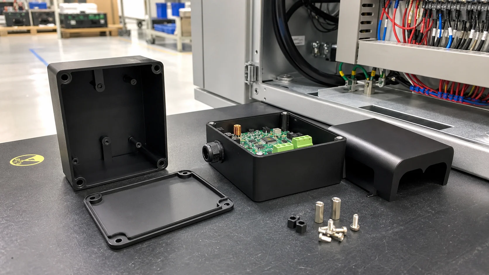 Leitfähige PP-Elektrogehäuse und Industrieabdeckungen neben einem offenen Industrieschaltschrank