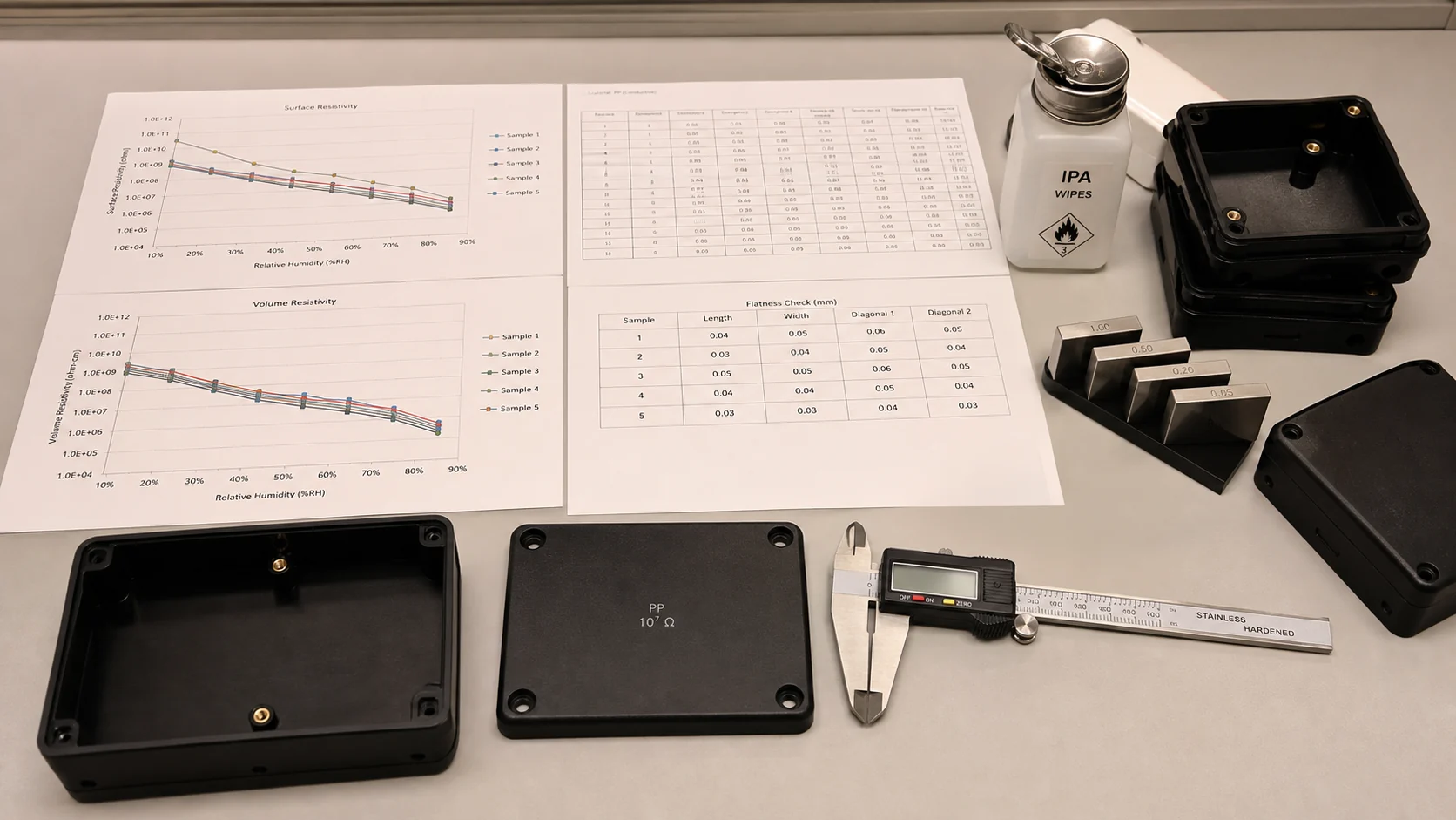 Bei leitfähigen PP-Gehäusen müssen elektrische Konsistenz, IPA-Drift und Ebenheit gemeinsam gelesen werden.