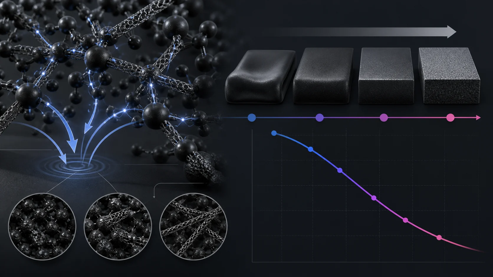 Scientific illustration of conductive filler dispersion, Shore hardness and resistance control in a TPR matrix.