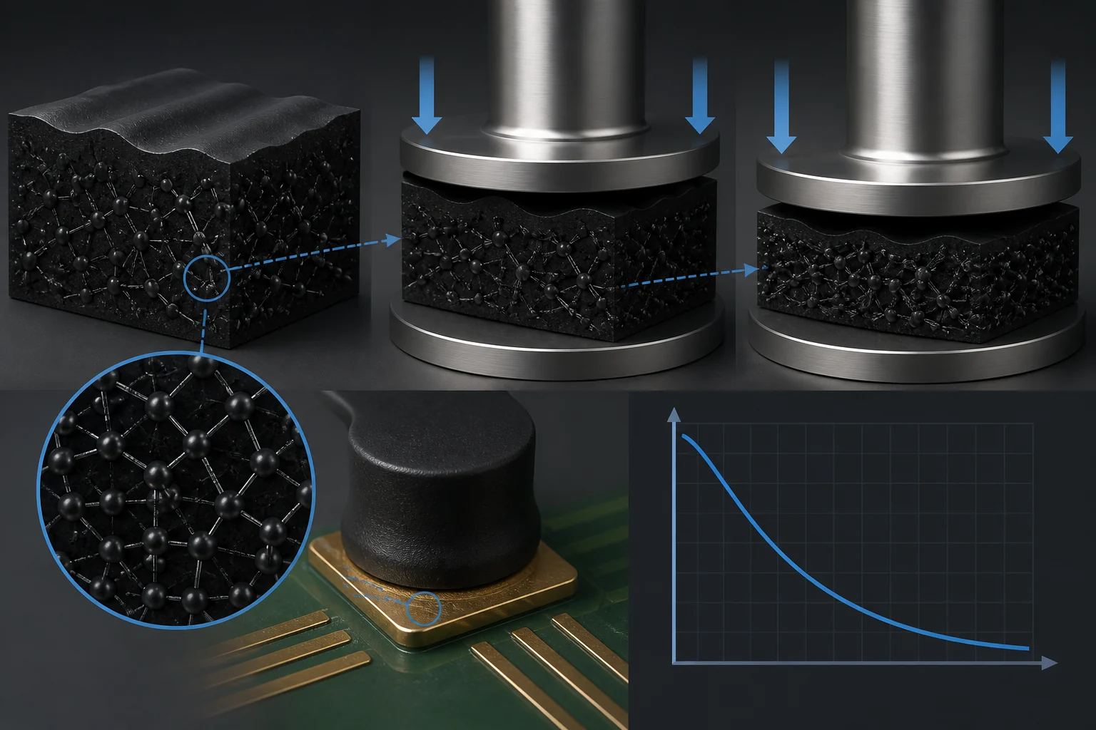 Research-style illustration of conductive filler pathways becoming denser as an elastic TPU contact pad is compressed.