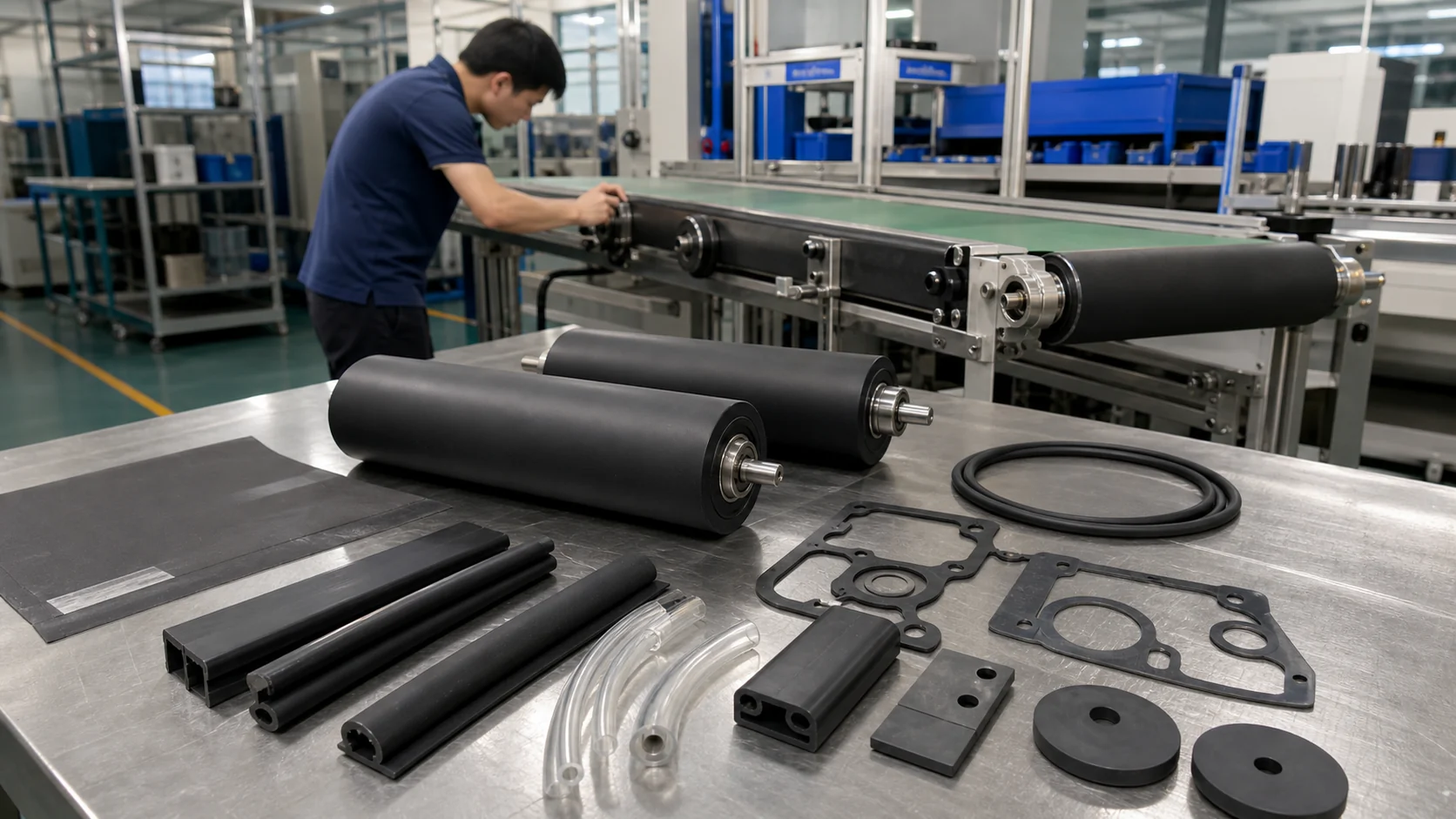Conductive TPU rollers, seals, tubing and gaskets reviewed beside an electronics conveyor line for flexible ESD and wear-resistant contact applications