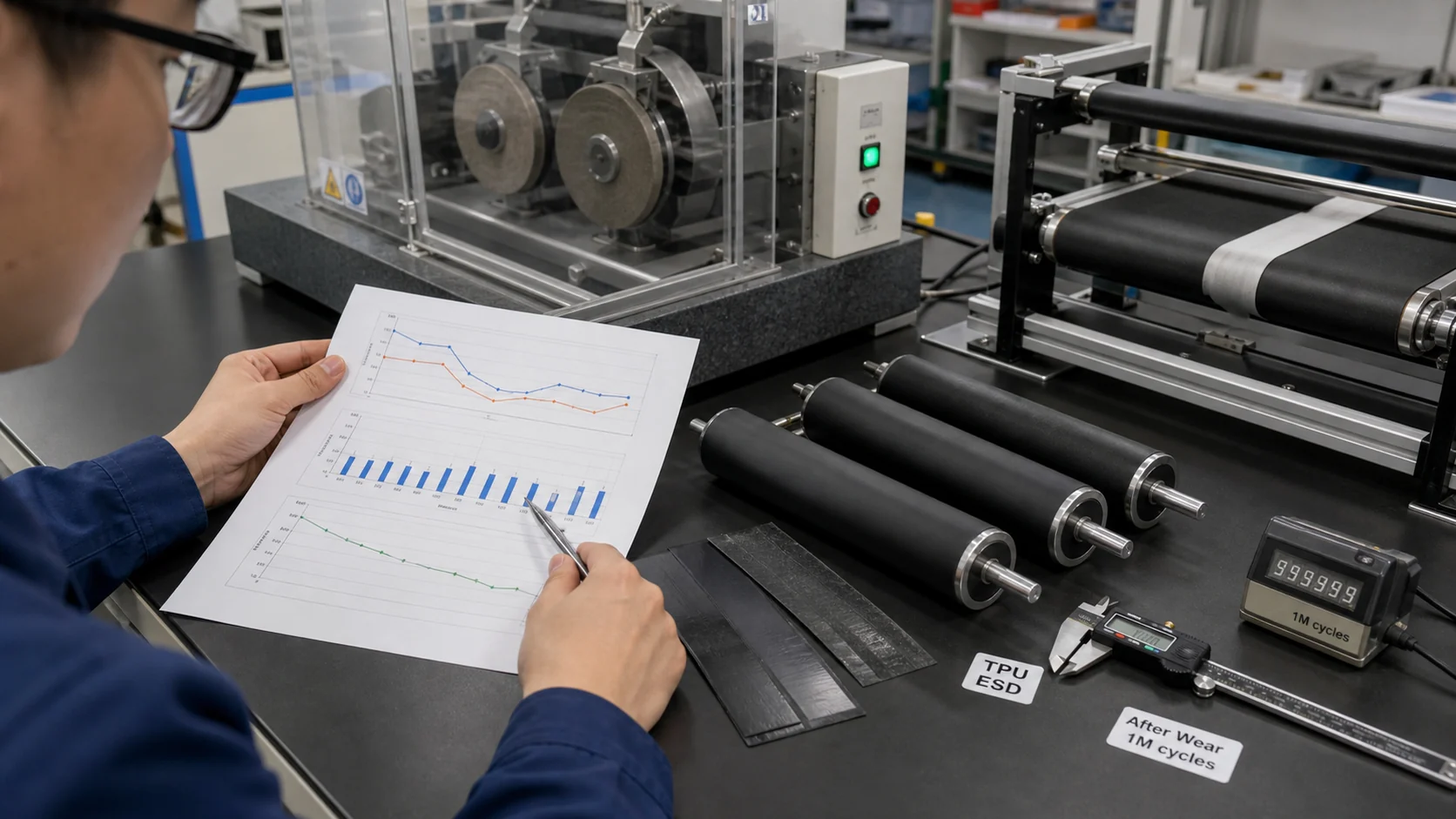 Conductive TPU roller wear and static-control validation with printed data sheets, calipers and 1M-cycle wear test setup