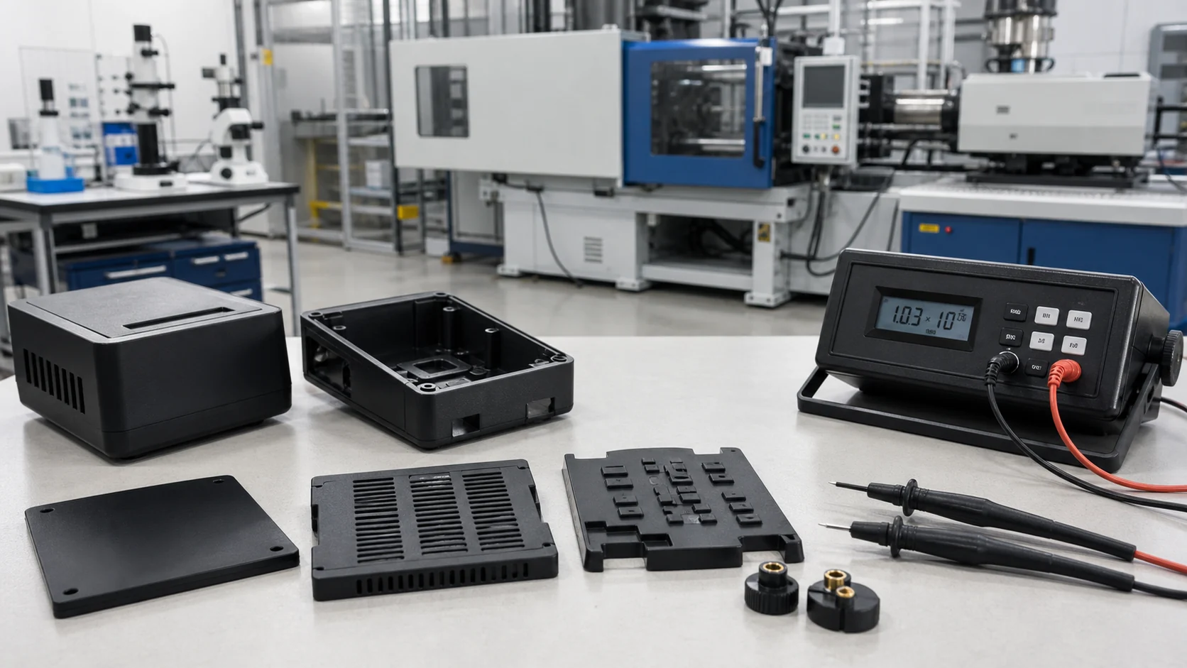 Conductive ABS molded housings being validated with a surface resistance meter in an injection molding lab