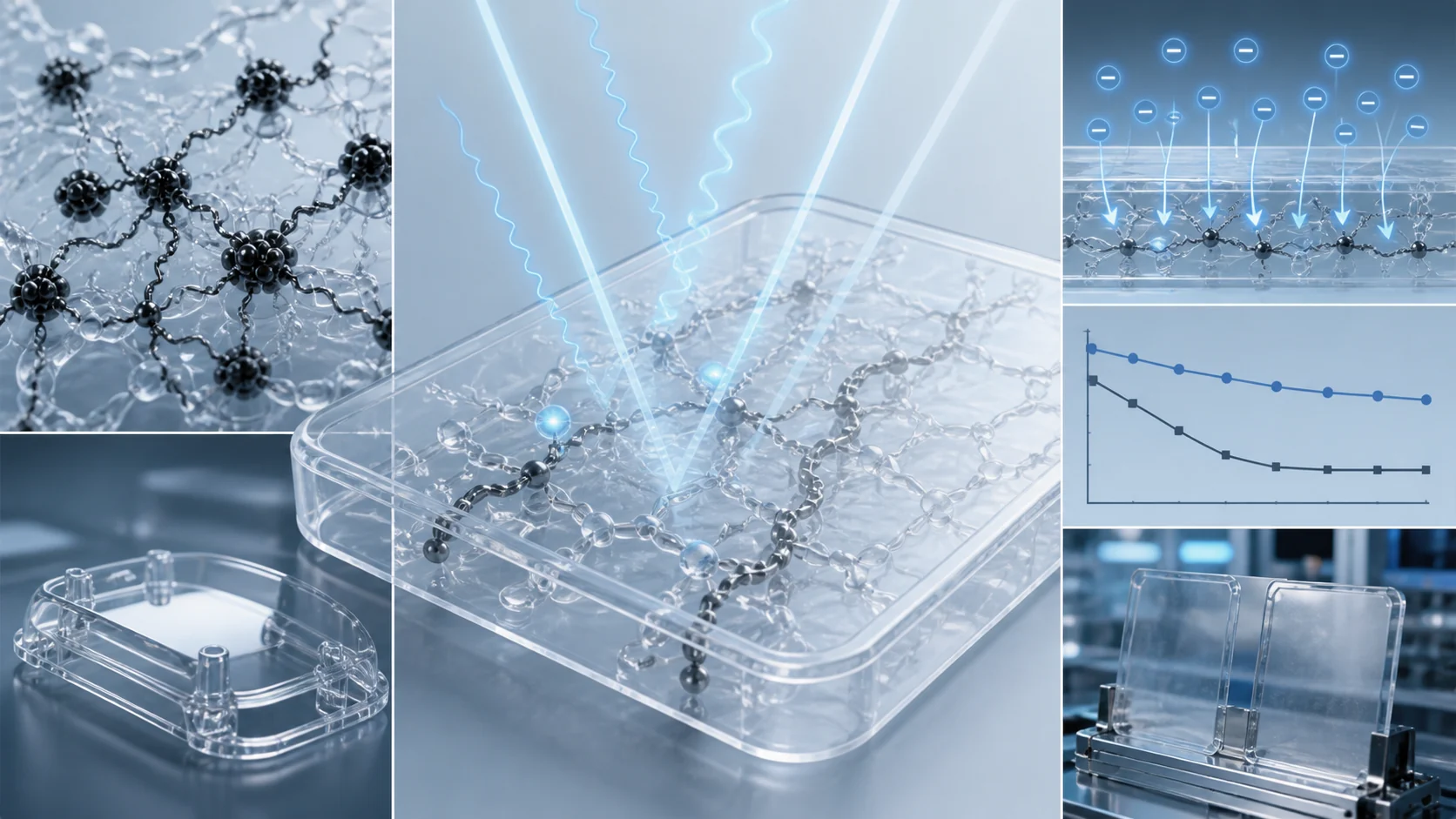 GPT-generated research graphic showing polymeric antistatic pathways, optical transmission and resistance stability.