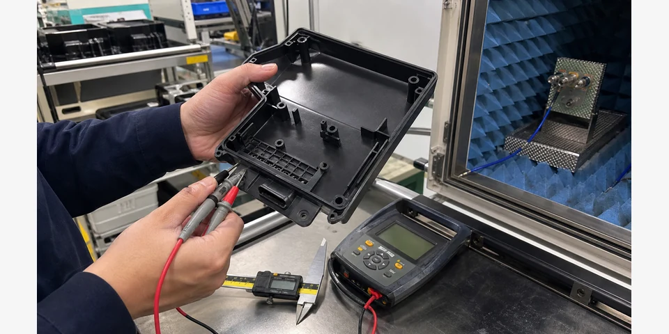 Surface resistance and fit inspection of a conductive PP EMI shielding enclosure in an electronics assembly area