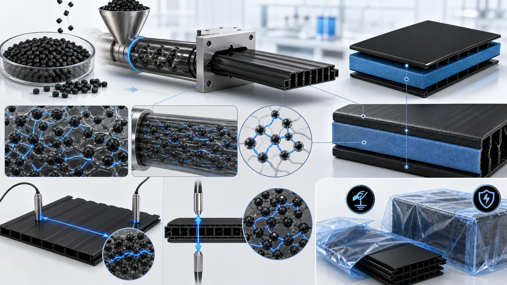 Conductive PP extrusion network and ABA co-extrusion validation diagram
