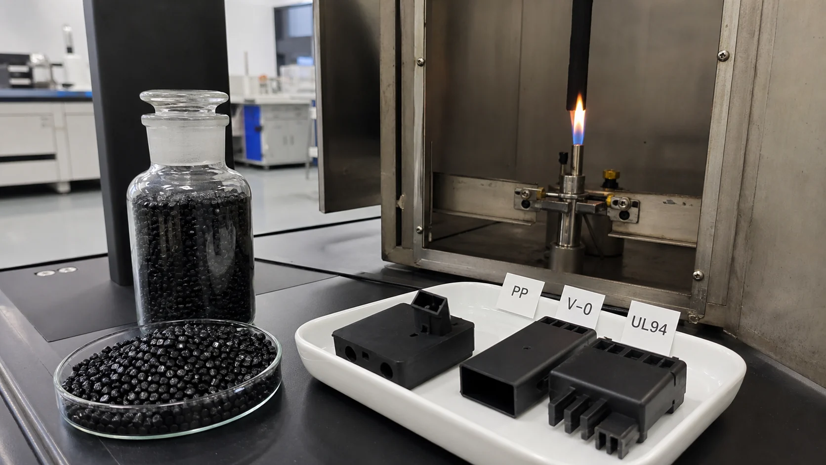 Smartphone style lab photo of black conductive PP samples and a UL94 flame test scene for V-0 evaluation