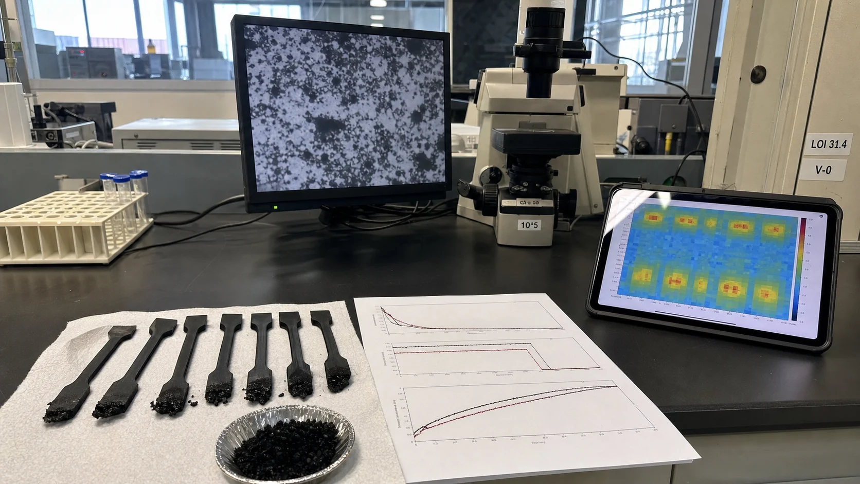 Data interpretation scene for V-0 conductive PP with LOI UL94 resistance and filler dispersion