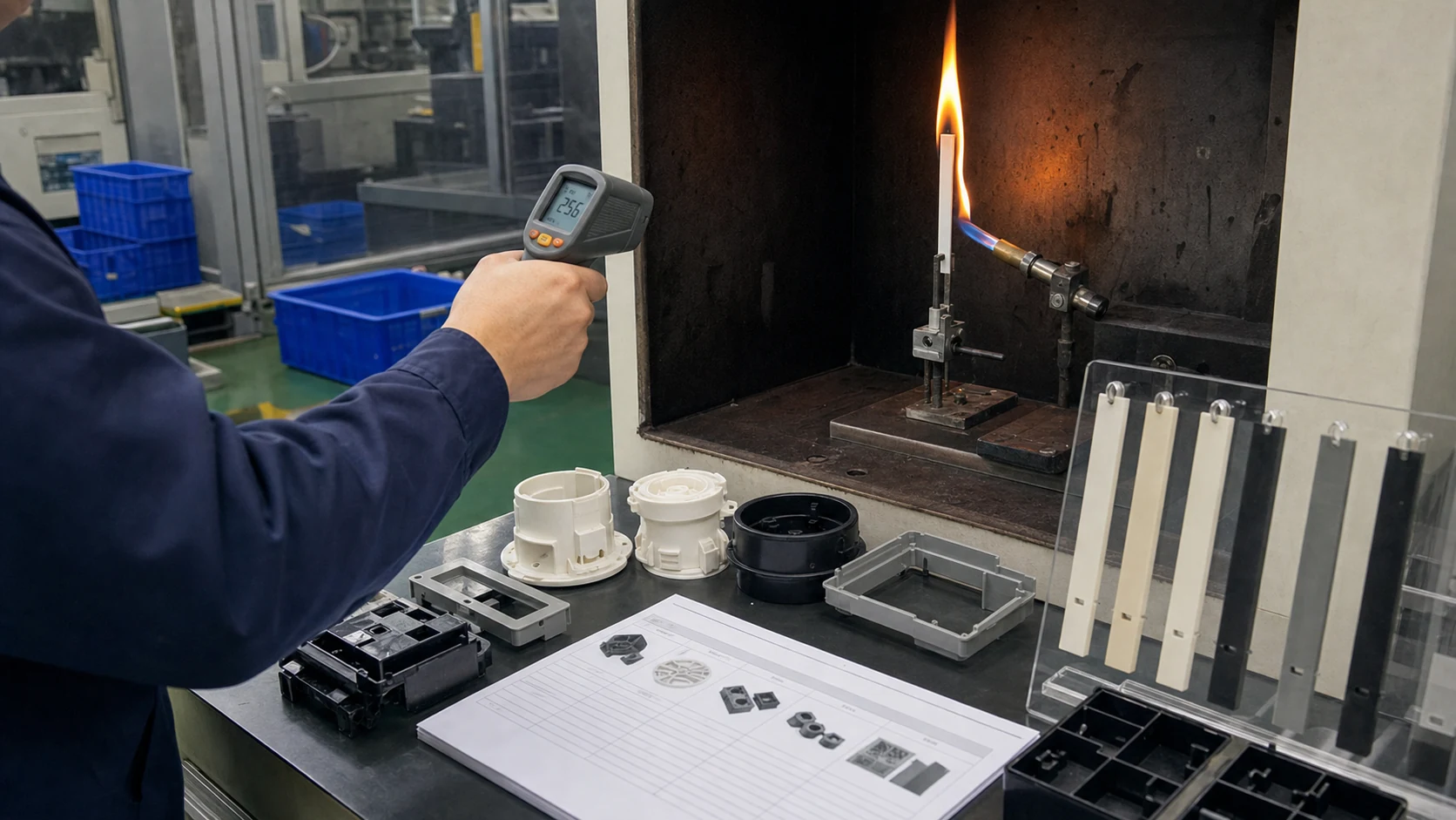 Ensayo real tipo UL94 y control de temperatura por infrarrojos de muestras moldeadas de PP, ABS, PC/ABS, PA66 y PBT retardantes a la llama en un area industrial de calidad