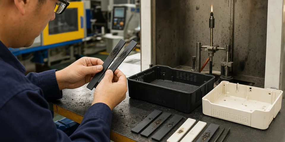 Tecnico revisando muestras moldeadas retardantes a la llama y probetas UL94 en un area de control de calidad de produccion
