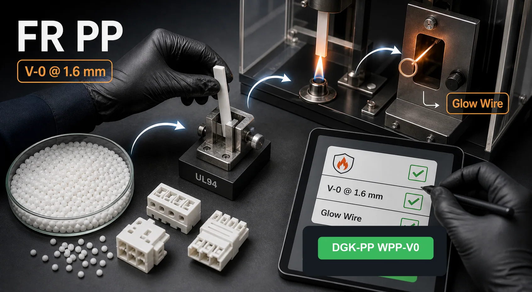 Flame-retardant PP selection workflow showing V-0 thickness, flame testing, impact strength and part validation