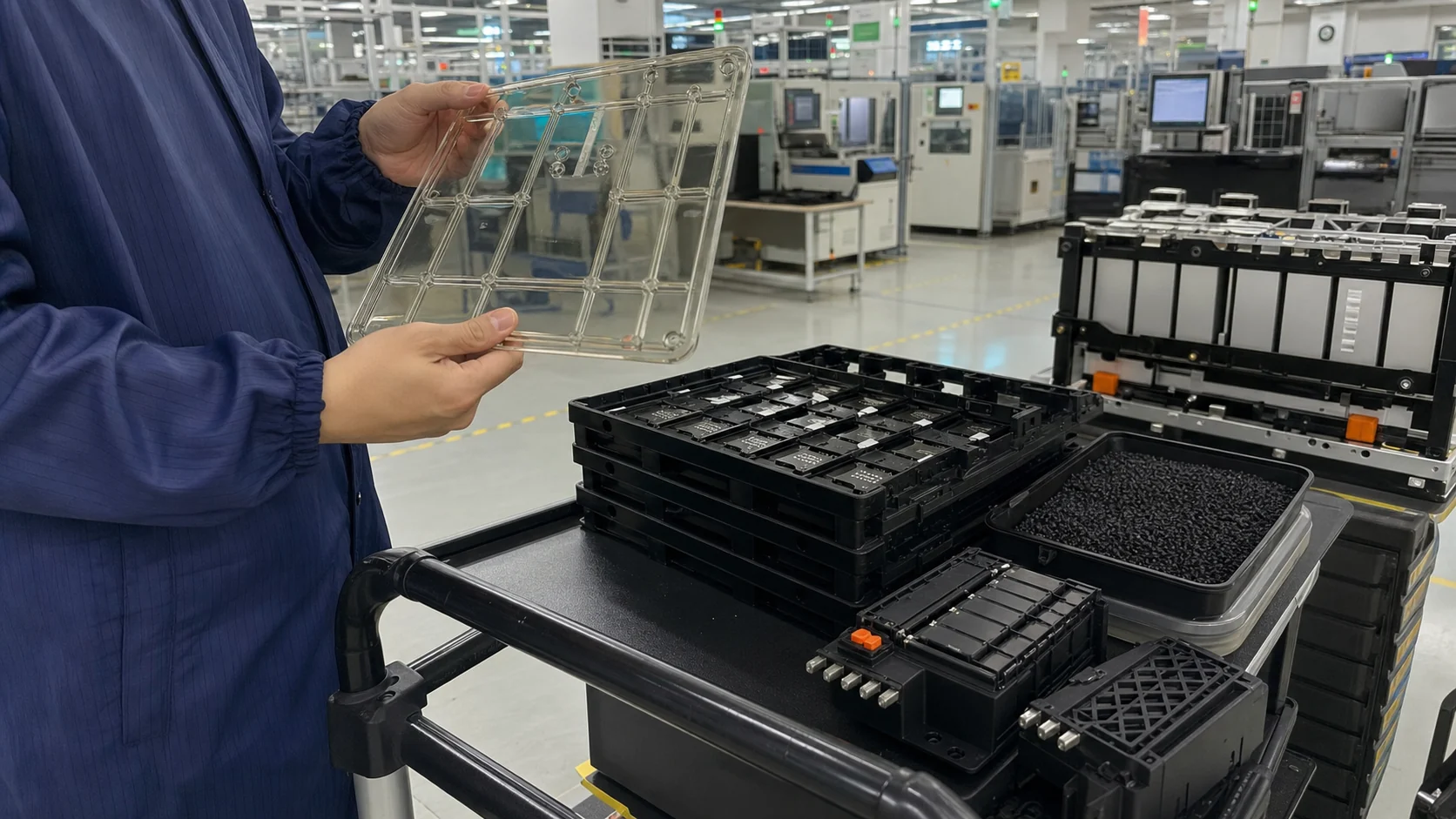 Carro ESD real con bandejas transparentes antiestáticas, piezas plásticas conductoras y un ingeniero en una zona de fabricación electrónica
