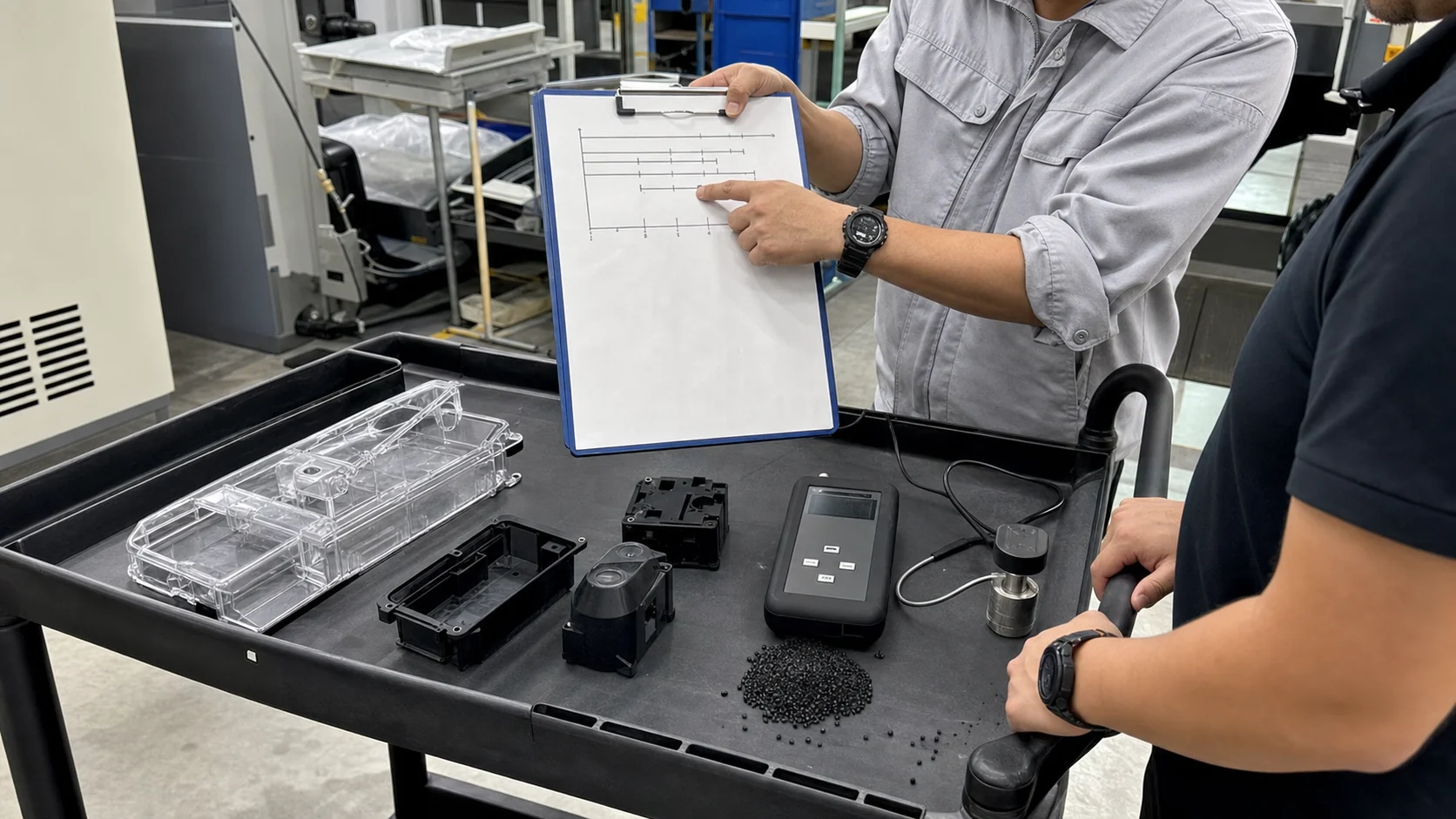 Ingeniero comparando rutas técnicas antiestáticas con muestras transparentes de ABS, piezas conductoras y medidor de resistencia superficial