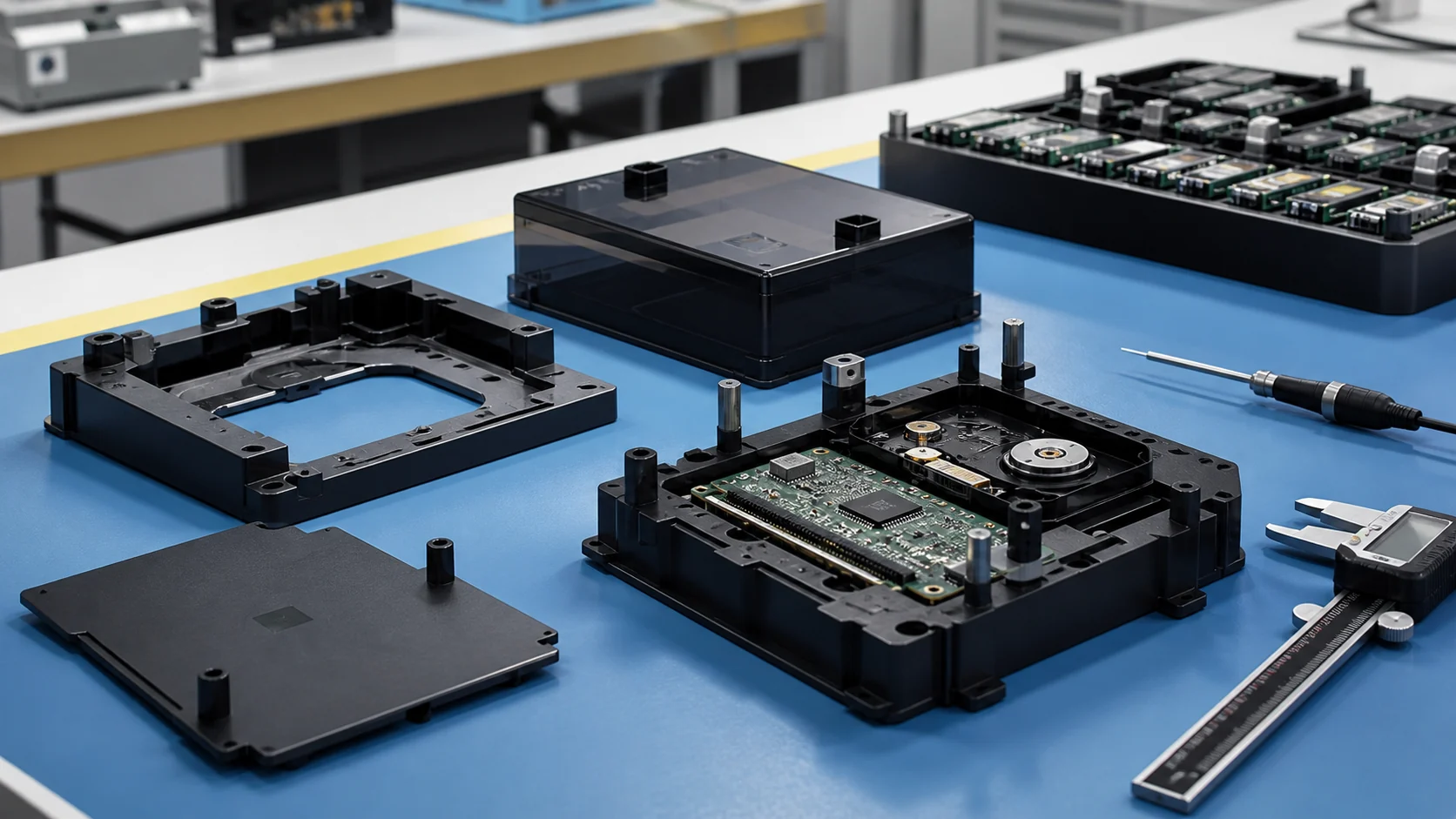 Graphite conductive ABS precision jigs and anti-static covers on an electronics assembly bench