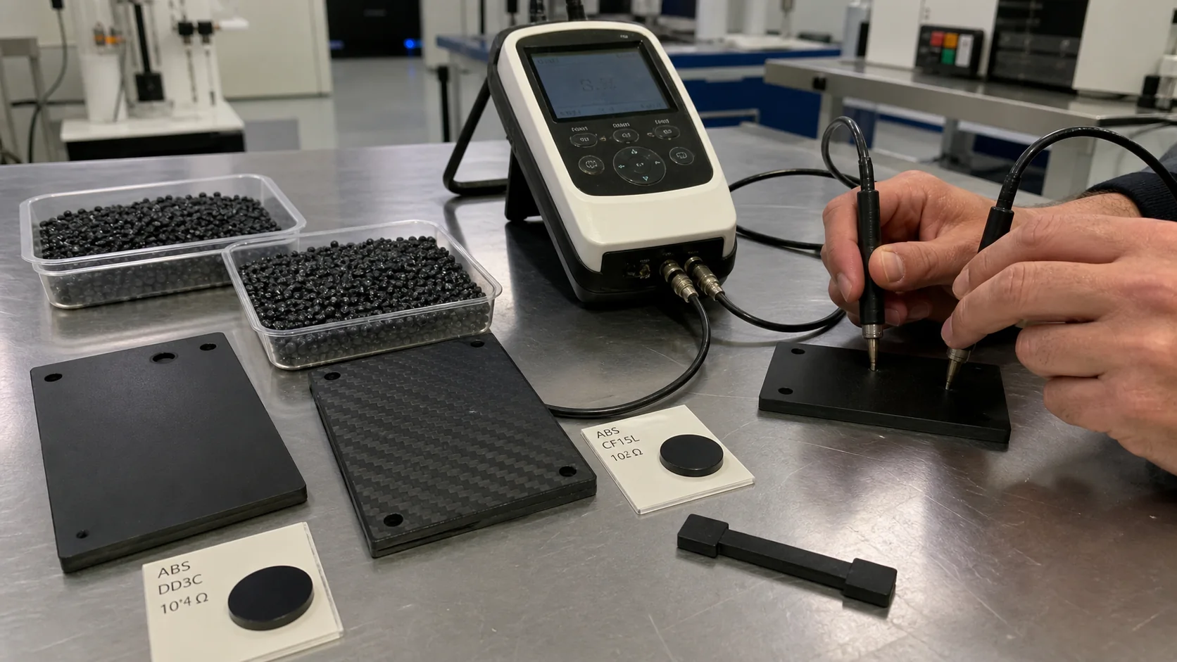 Realistische Laboraufnahme zum Vergleich von graphitgefülltem und carbonfaserverstärktem leitfähigem ABS mit Oberflächenwiderstandsmessgerät.