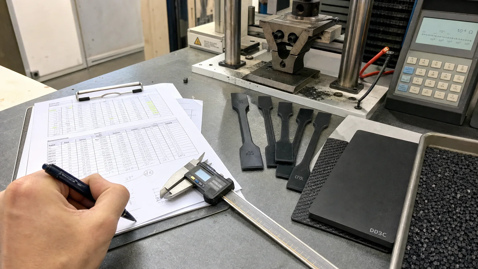 Validierungsansicht: Oberflächenwiderstand, Spritzguss-Probekörper und mechanische Daten vor der Wahl von DD3C oder CF15L.