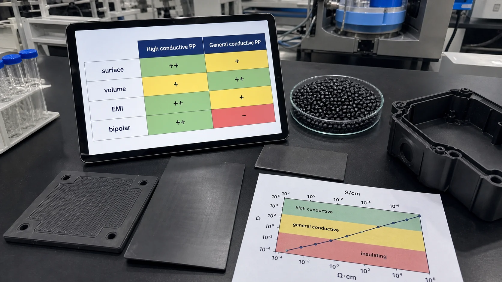 Conductive PP grade selection decision matrix for surface and volume conductivity
