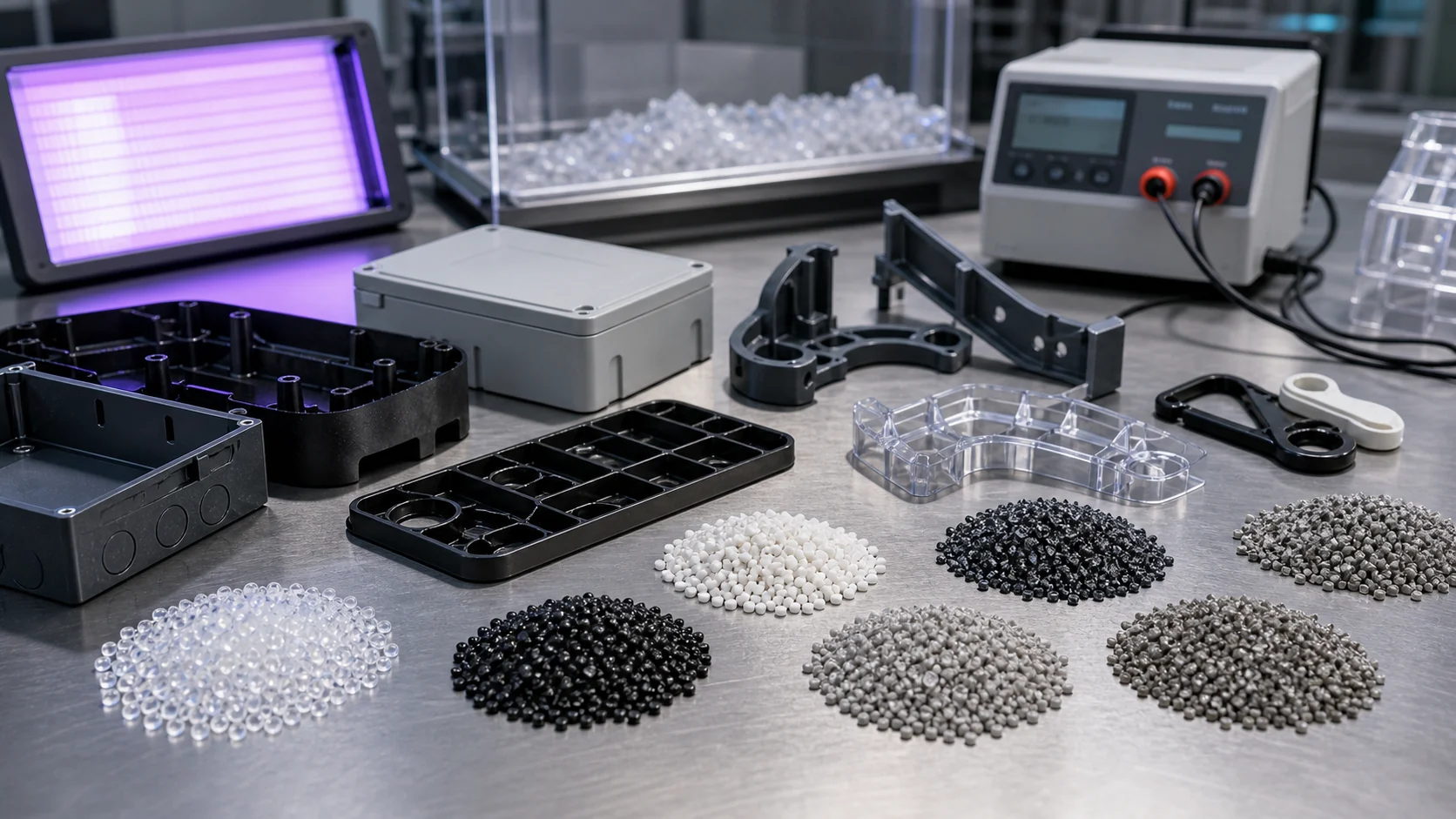 Muestras de compuestos de PP modificado con rutas conductora antiestática retardante de llama UV reforzada y tenaz en laboratorio de materiales