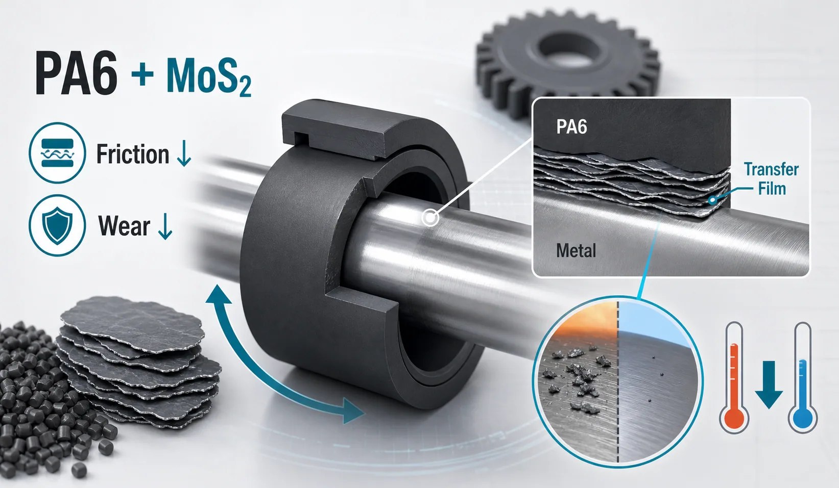 PA6 MoS2 wear-resistant mechanism showing transfer film, lower friction and reduced wear