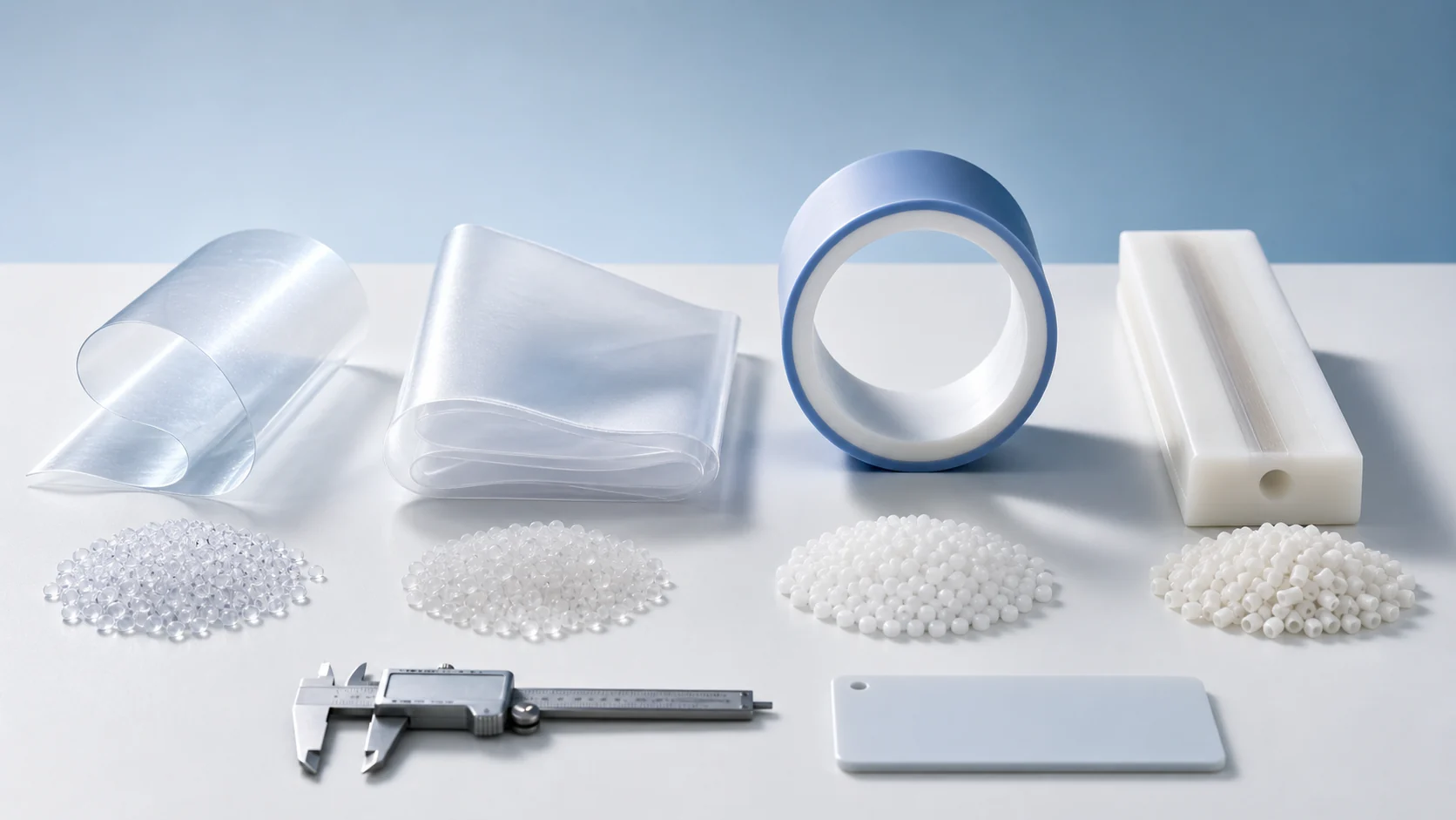 Espectro minimalista de materiales de polietileno con film LLDPE lámina LDPE sección de tubo HDPE tira deslizante UHMWPE y pequeños montones de pellets PE