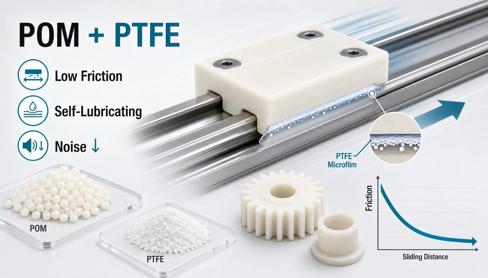 POM PTFE low-friction wear-resistant mechanism with self-lubricating microfilm and friction reduction curve