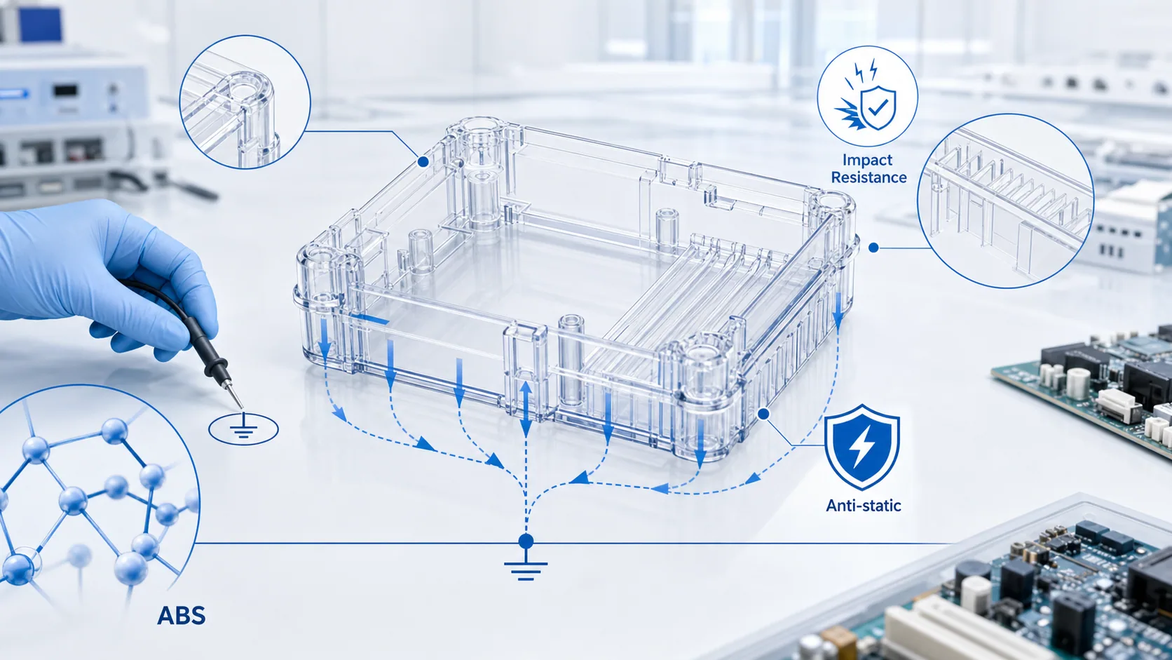 Technical process illustration for Transparent Anti-Static ABS Solution for Multi-Scenario Components