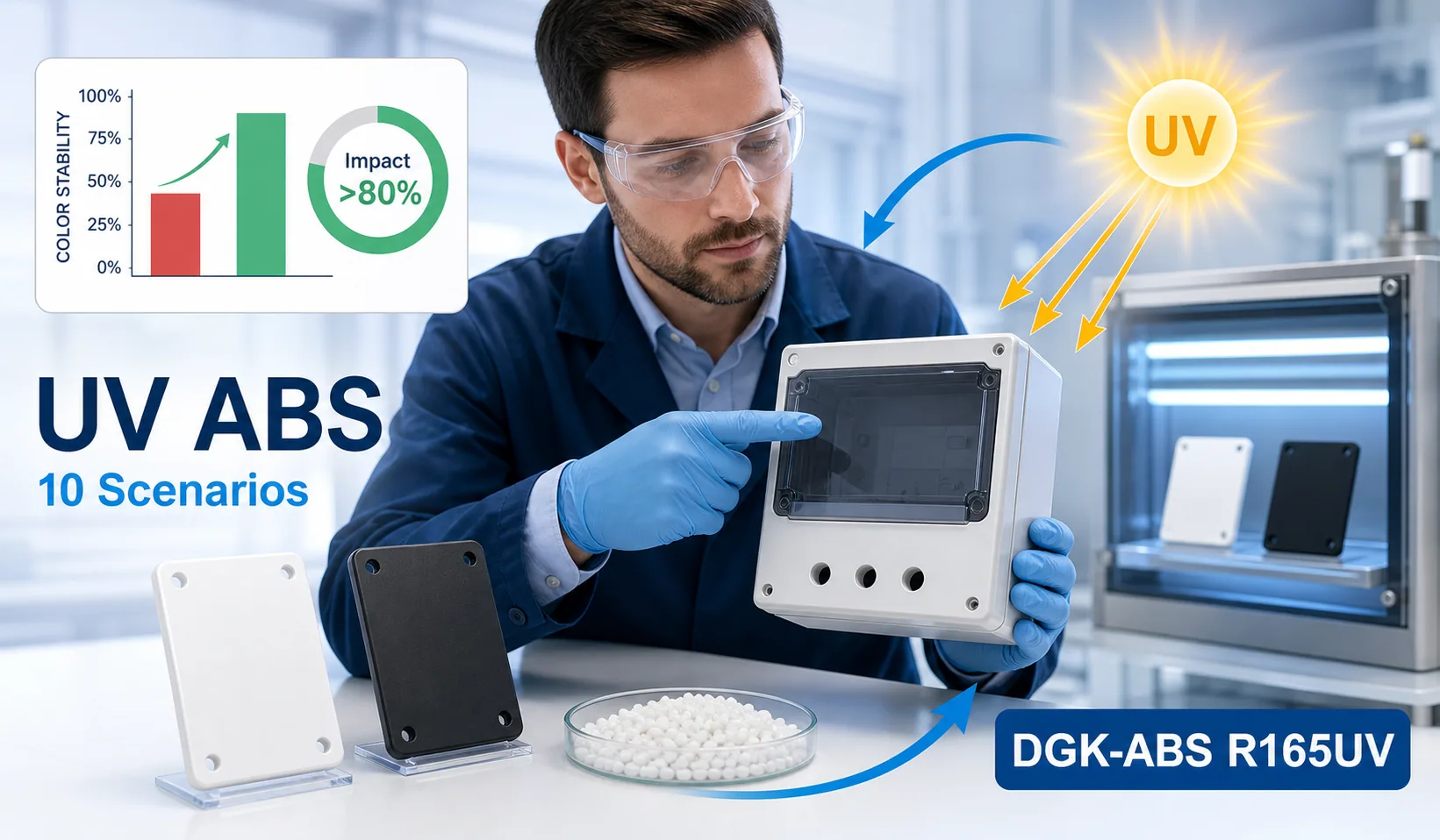 UV-resistant ABS selection workflow covering UV exposure, color stability, impact retention and part validation