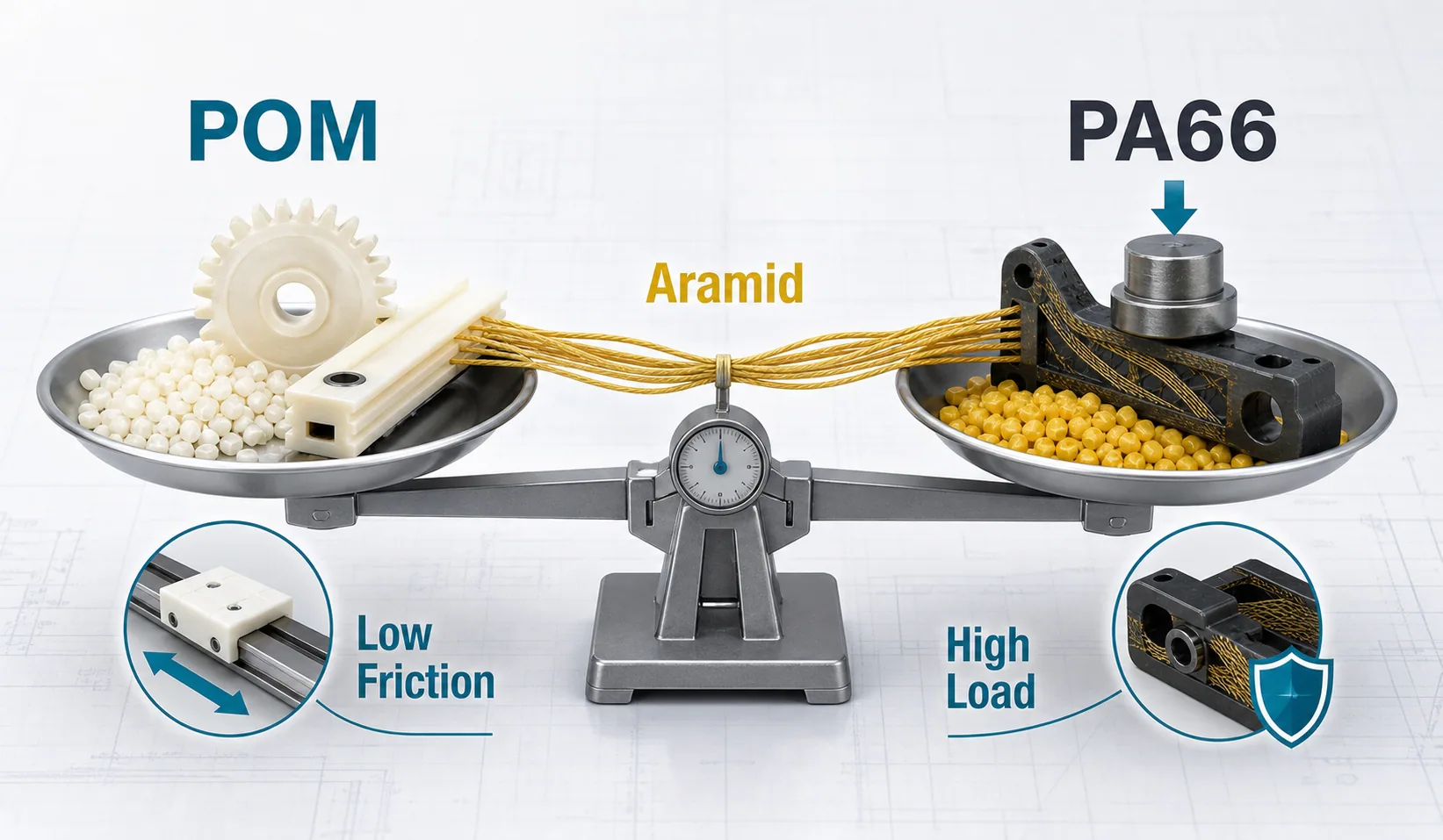 POM and PA66 aramid wear-resistant material selection balance for low friction and high load applications