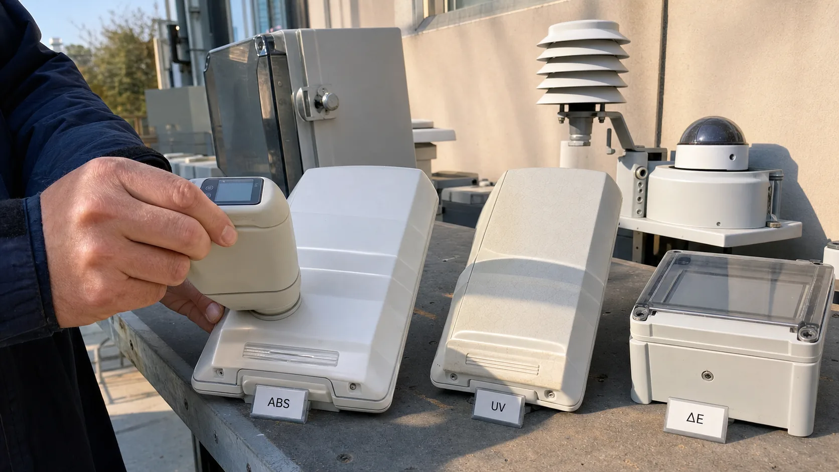 Anwendungsfall zu UV-stabilisiertem ABS für Außengehäuse: Vergilbung, Kreidung, Schlagzähigkeitserhalt, HALS/UVA und Validierungsdaten.